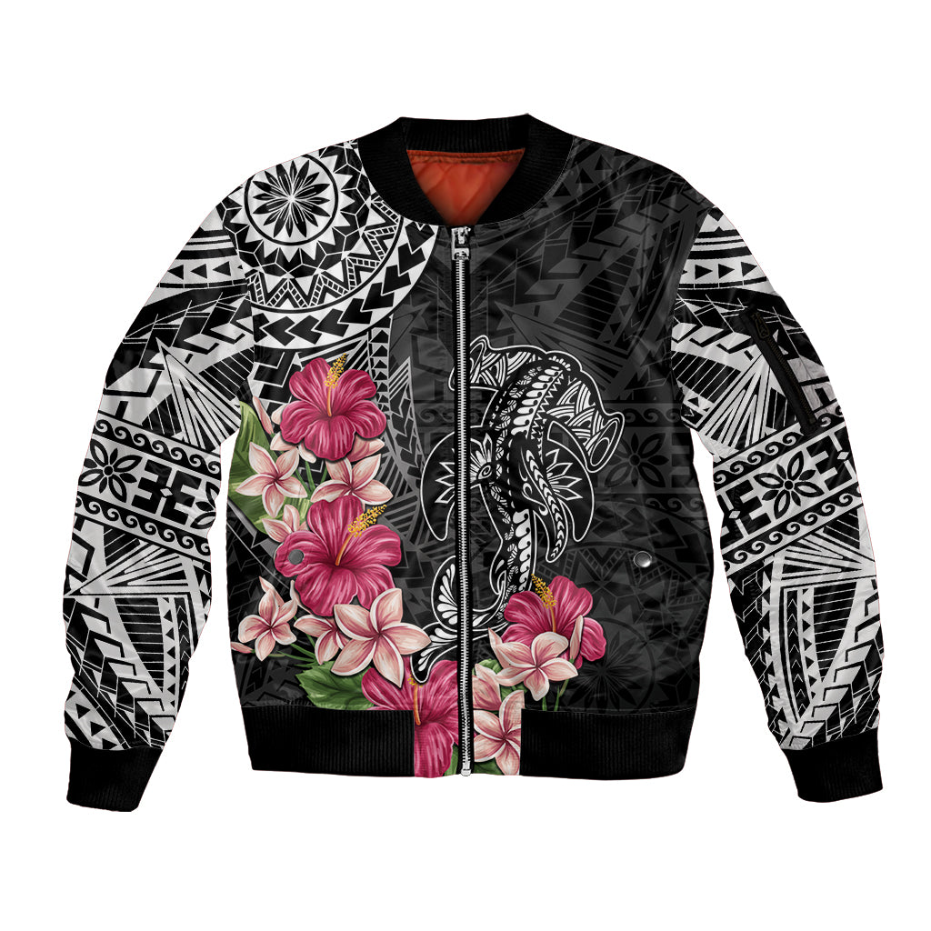 Black Polynesian Hammerhead Shark Tribal Pattern Sleeve Zip Bomber Jacket