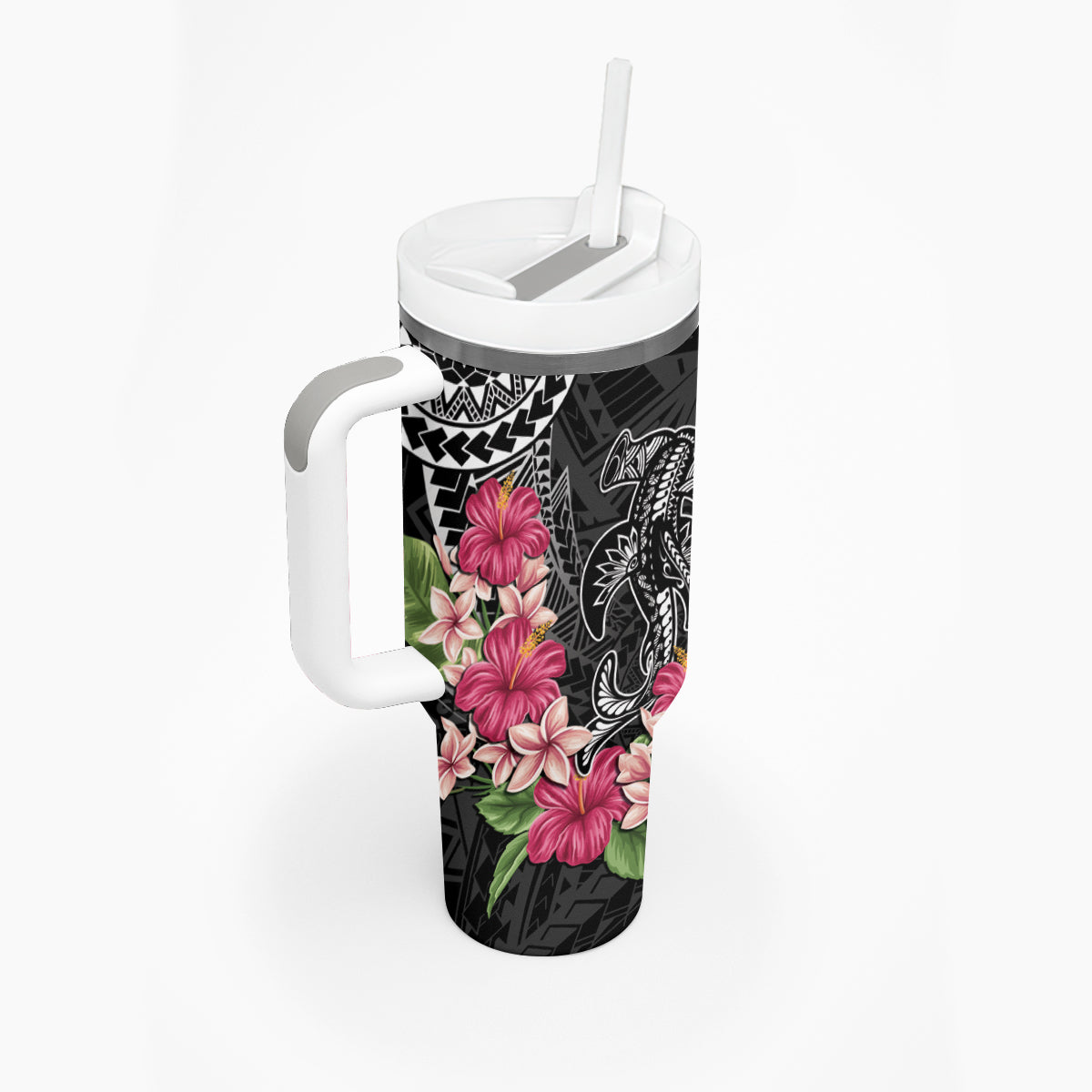 Black Polynesian Hammerhead Shark Tribal Pattern Tumbler With Handle