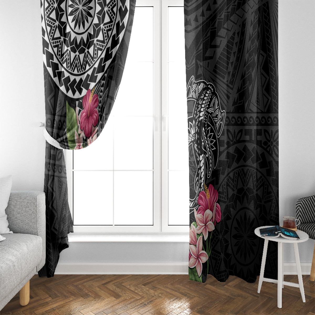 Black Polynesian Hammerhead Shark Tribal Pattern Window Curtain