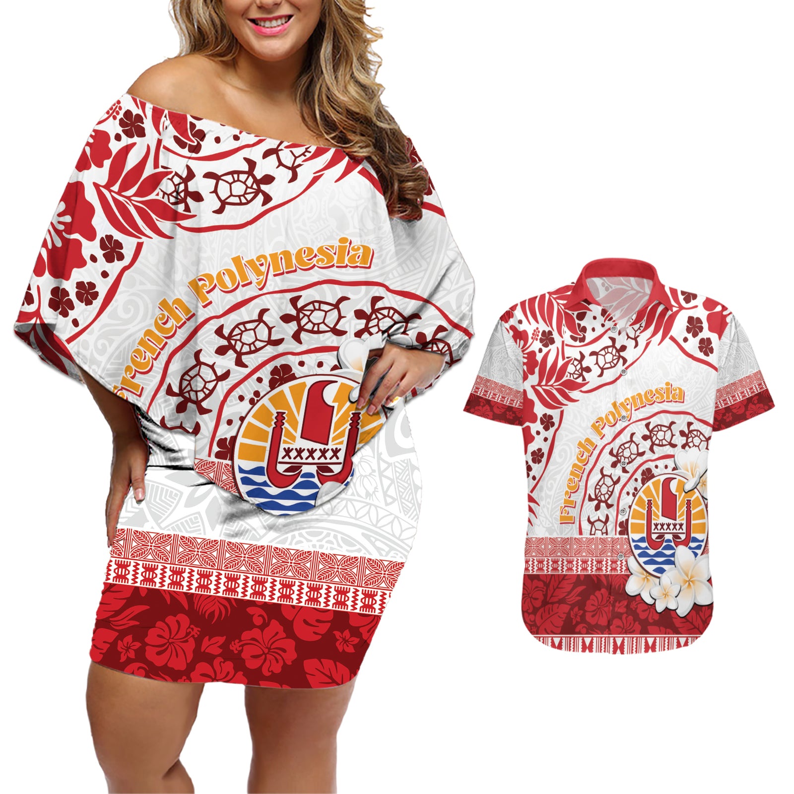 French Polynesia Internal Autonomy Day Couples Matching Off Shoulder Short Dress and Hawaiian Shirt Tropical Hibiscus And Turtle Pattern