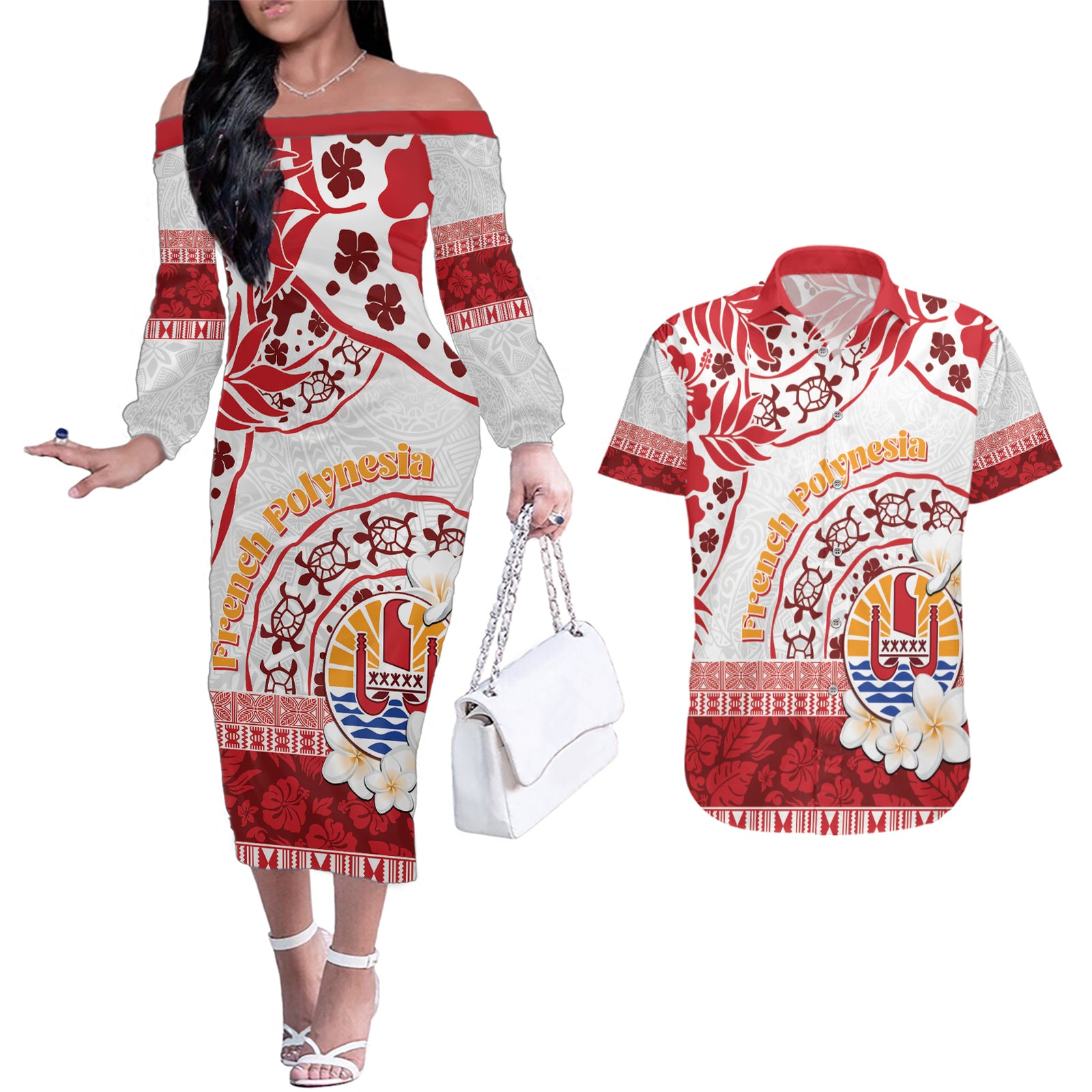 French Polynesia Internal Autonomy Day Couples Matching Off The Shoulder Long Sleeve Dress and Hawaiian Shirt Tropical Hibiscus And Turtle Pattern