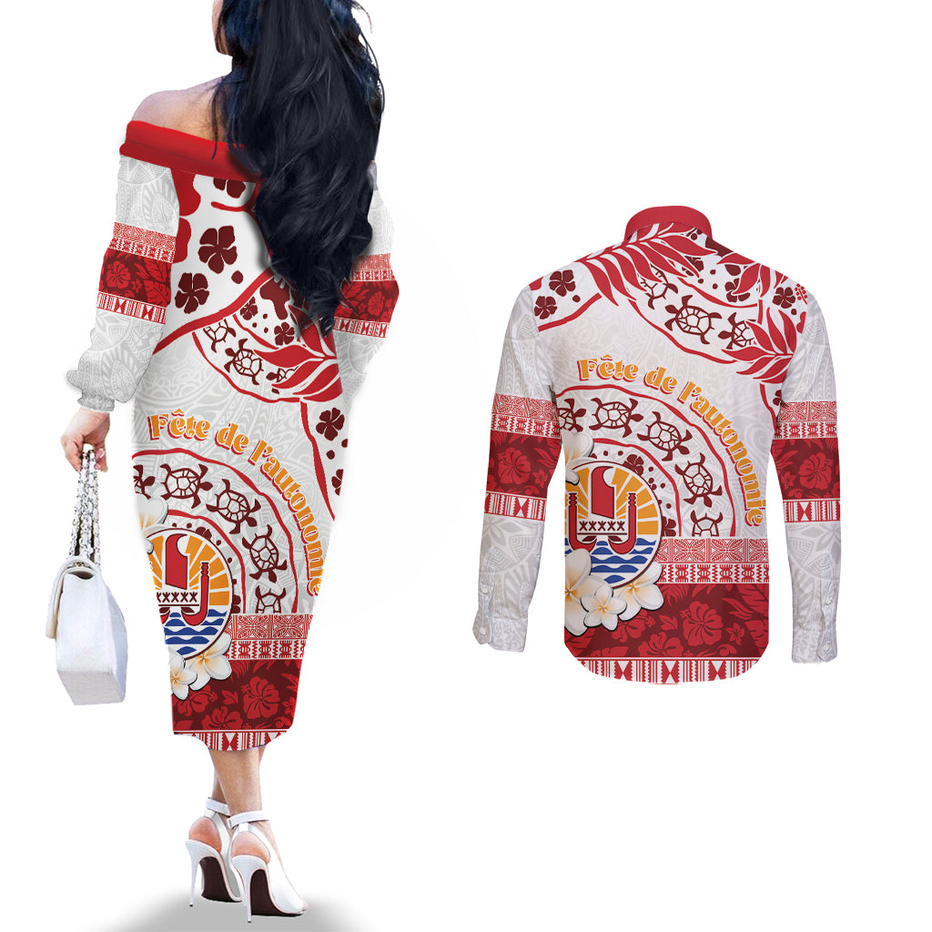 French Polynesia Internal Autonomy Day Couples Matching Off The Shoulder Long Sleeve Dress and Long Sleeve Button Shirt Tropical Hibiscus And Turtle Pattern