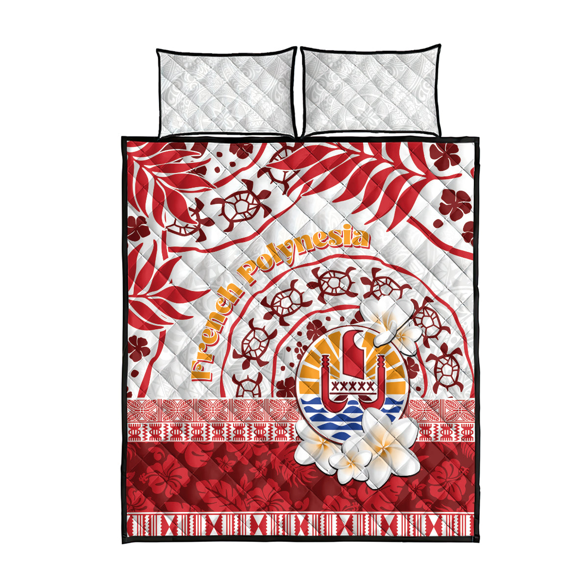 French Polynesia Internal Autonomy Day Quilt Bed Set Tropical Hibiscus And Turtle Pattern