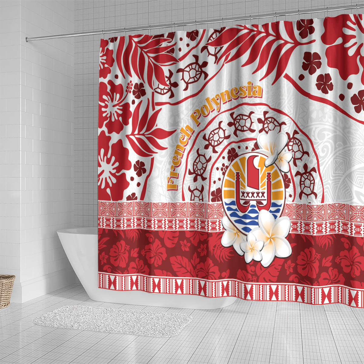 French Polynesia Internal Autonomy Day Shower Curtain Tropical Hibiscus And Turtle Pattern