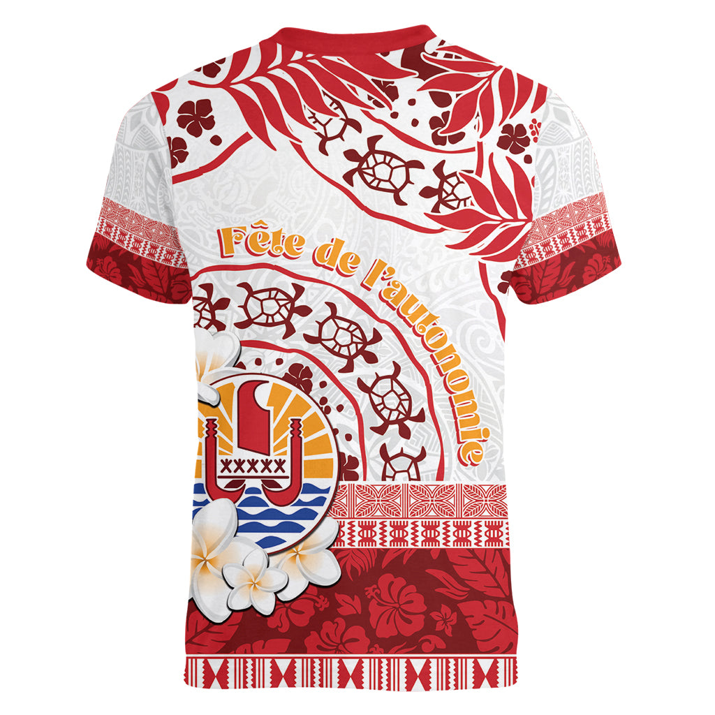 French Polynesia Internal Autonomy Day Women V-Neck T-Shirt Tropical Hibiscus And Turtle Pattern