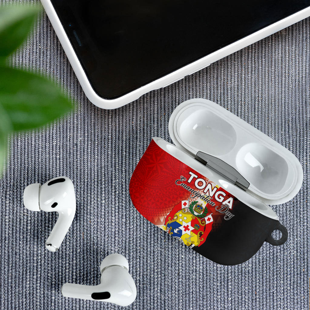 Tonga Emancipation Day AirPods Case Tongan Ngatu Pattern With Plumeria