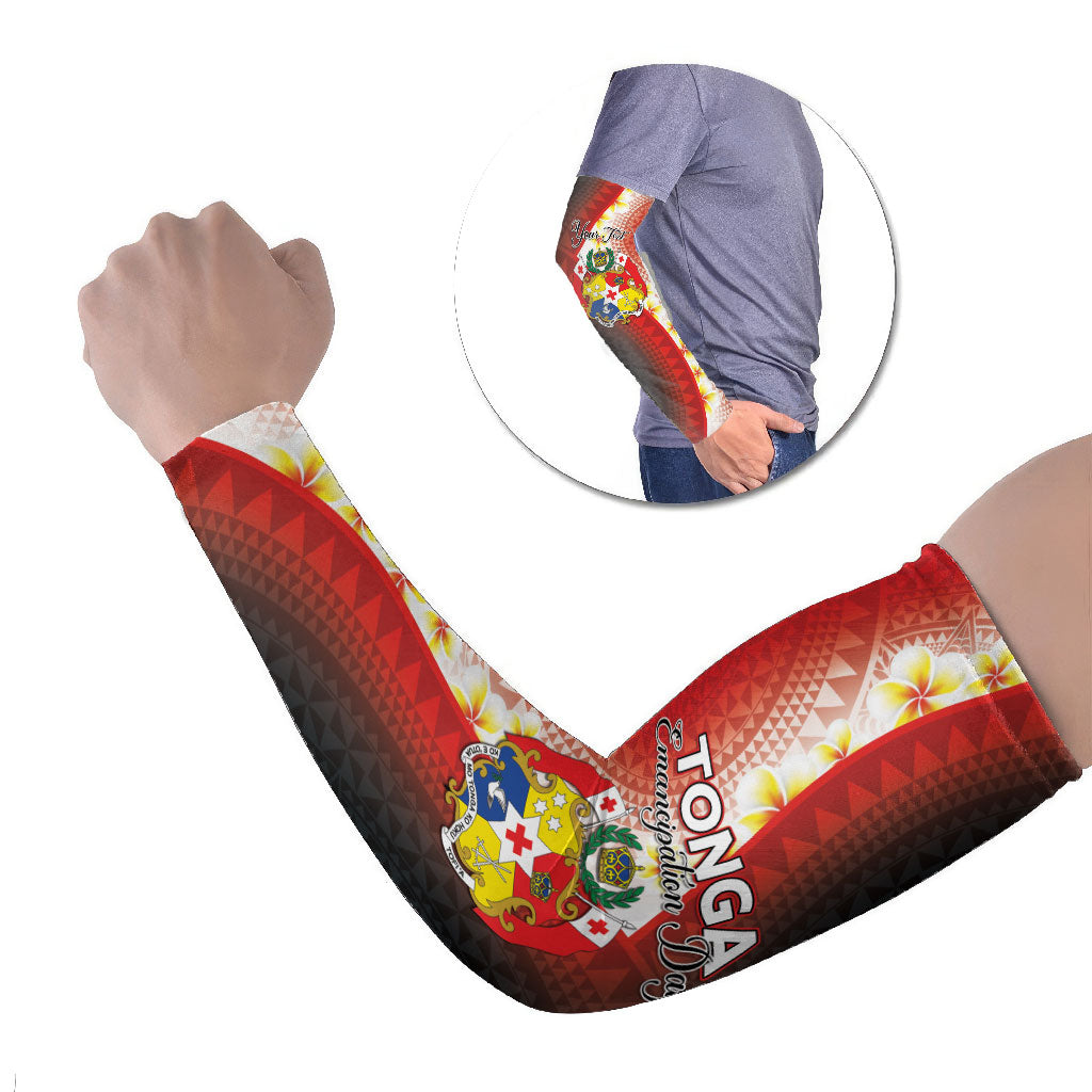 Personalised Tonga Emancipation Day Arm Sleeves Tongan Ngatu Pattern With Plumeria