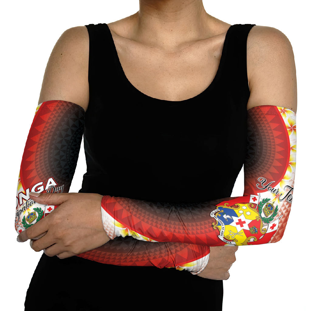 Personalised Tonga Emancipation Day Arm Sleeves Tongan Ngatu Pattern With Plumeria