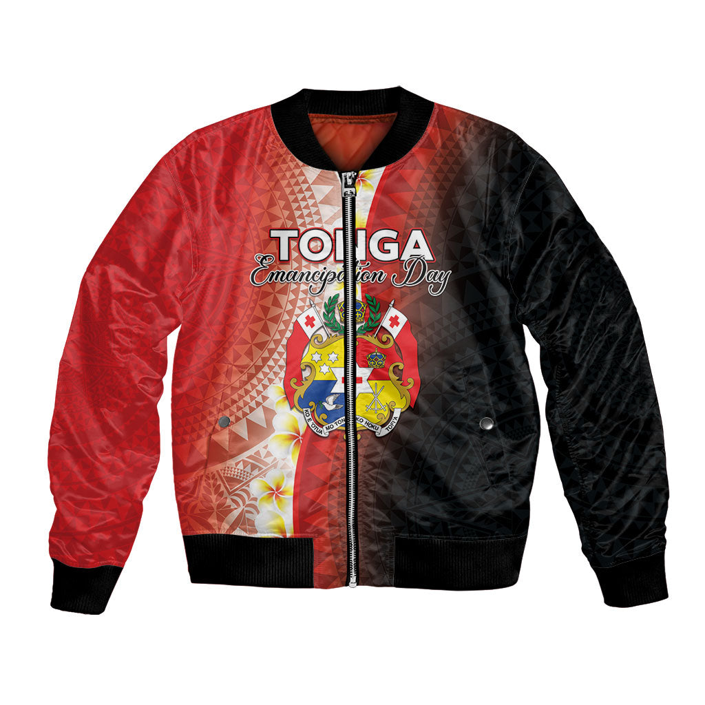 Personalised Tonga Emancipation Day Bomber Jacket Tongan Ngatu Pattern With Plumeria