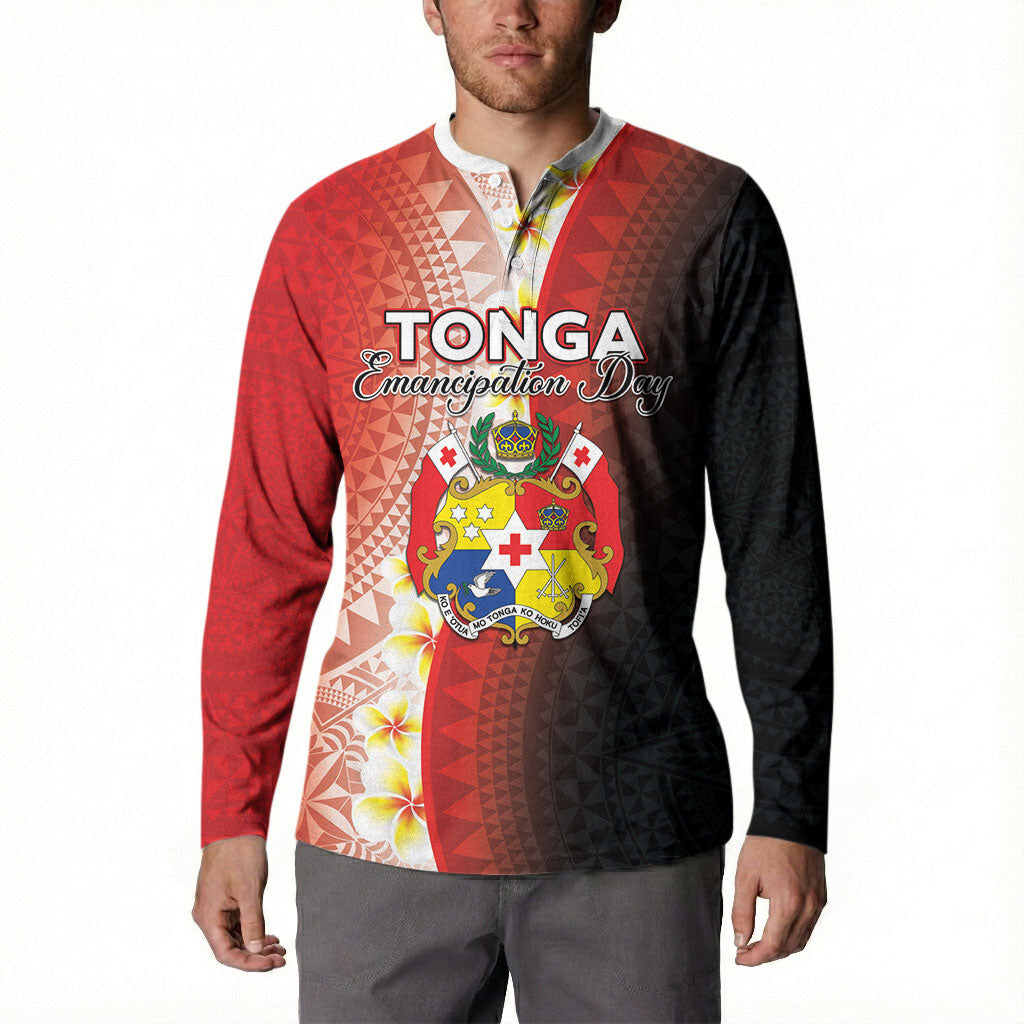 Personalised Tonga Emancipation Day Button Sweatshirt Tongan Ngatu Pattern With Plumeria