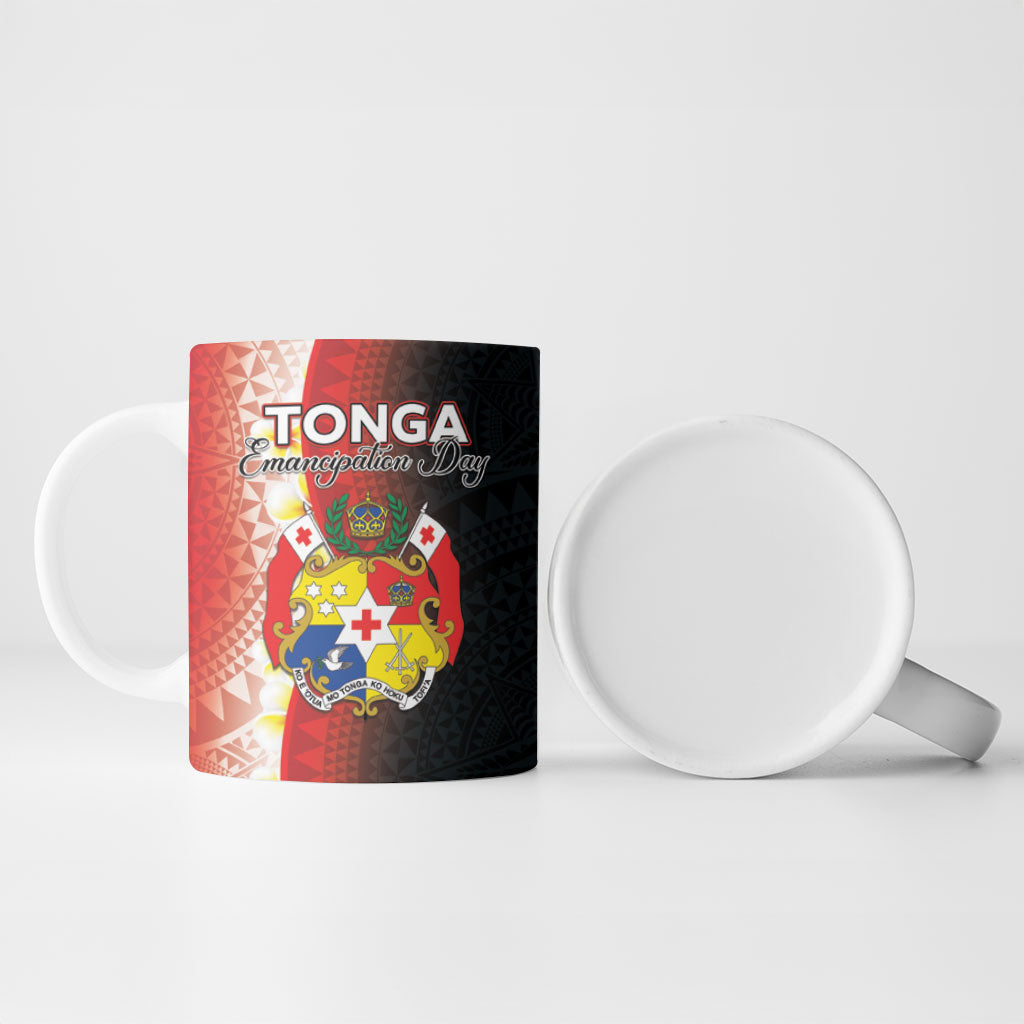 Personalised Tonga Emancipation Day Ceramic Mug Tongan Ngatu Pattern With Plumeria