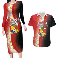 Personalised Tonga Emancipation Day Couples Matching Long Sleeve Bodycon Dress and Hawaiian Shirt Tongan Ngatu Pattern With Plumeria