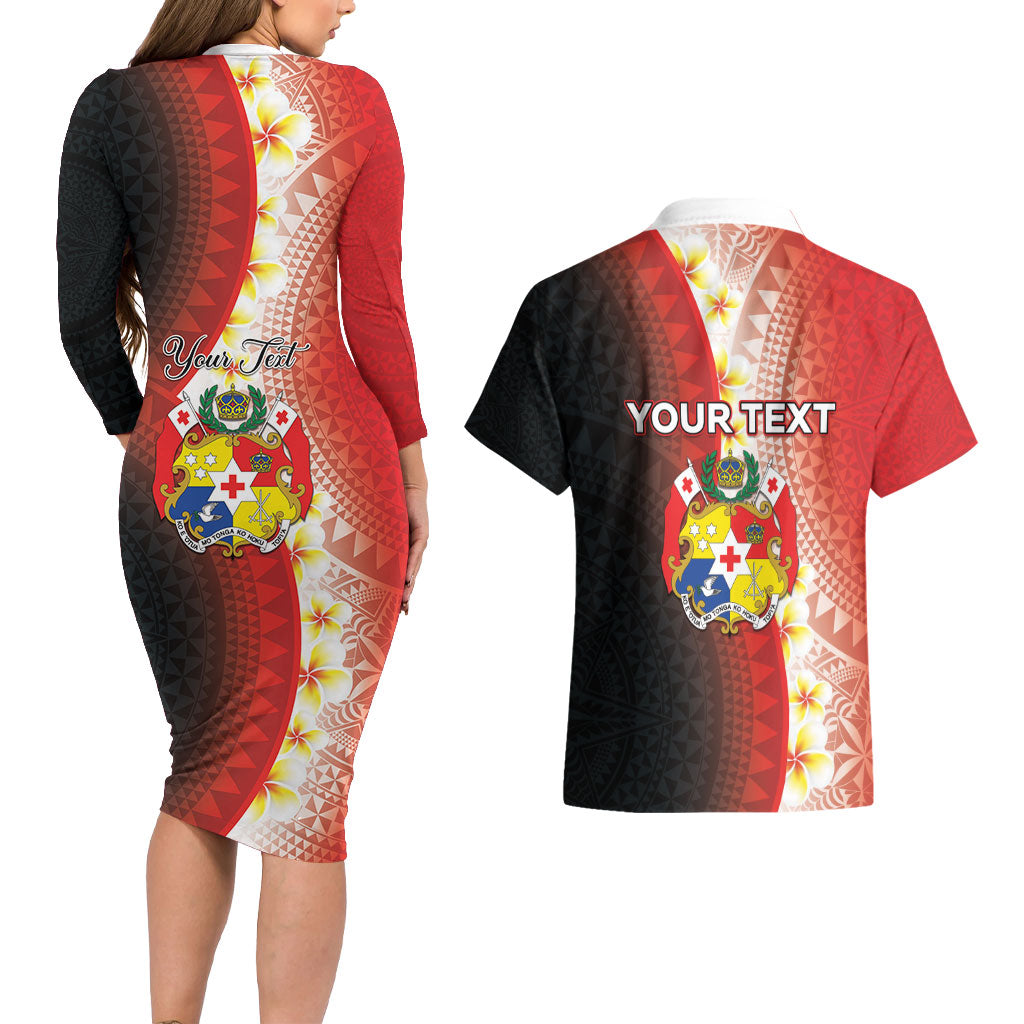 Personalised Tonga Emancipation Day Couples Matching Long Sleeve Bodycon Dress and Hawaiian Shirt Tongan Ngatu Pattern With Plumeria