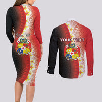 Personalised Tonga Emancipation Day Couples Matching Long Sleeve Bodycon Dress and Long Sleeve Button Shirt Tongan Ngatu Pattern With Plumeria