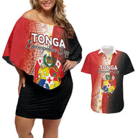 Personalised Tonga Emancipation Day Couples Matching Off Shoulder Short Dress and Hawaiian Shirt Tongan Ngatu Pattern With Plumeria LT05 Red - Polynesian Pride