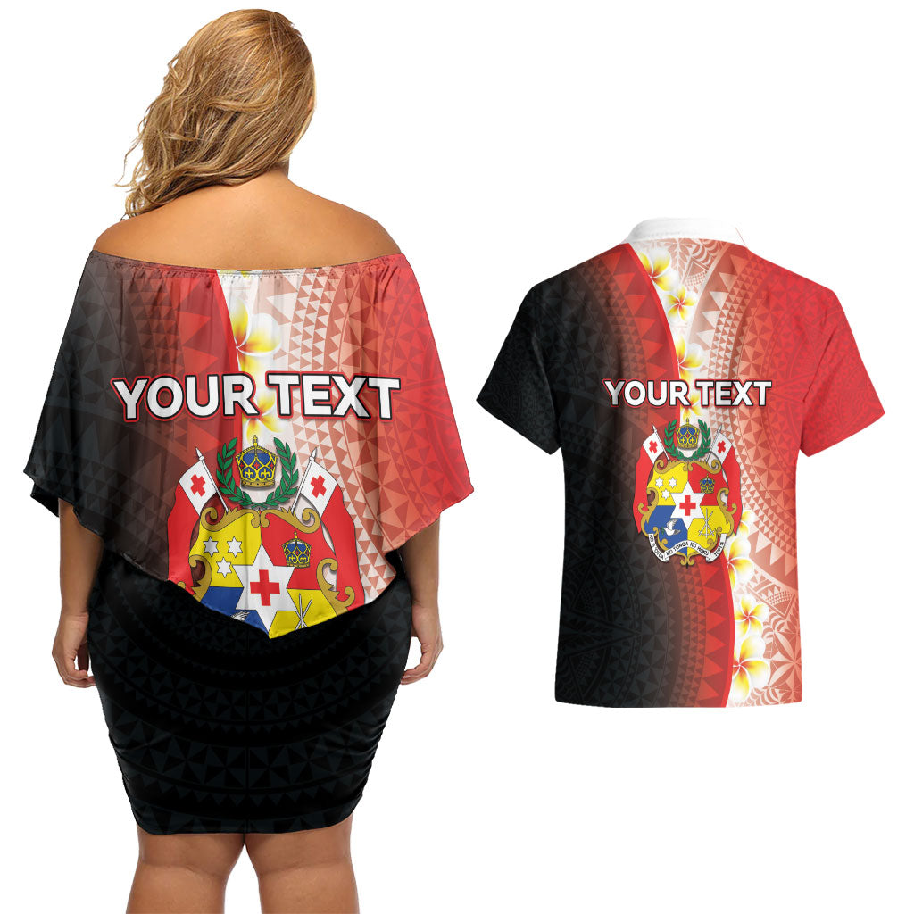 Personalised Tonga Emancipation Day Couples Matching Off Shoulder Short Dress and Hawaiian Shirt Tongan Ngatu Pattern With Plumeria LT05 - Polynesian Pride