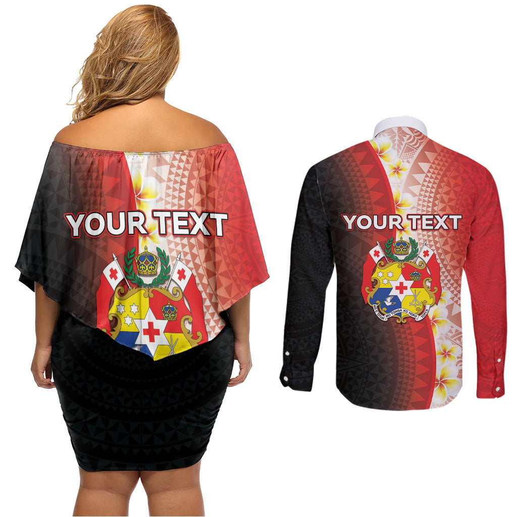 Personalised Tonga Emancipation Day Couples Matching Off Shoulder Short Dress and Long Sleeve Button Shirt Tongan Ngatu Pattern With Plumeria