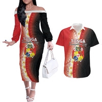 Personalised Tonga Emancipation Day Couples Matching Off The Shoulder Long Sleeve Dress and Hawaiian Shirt Tongan Ngatu Pattern With Plumeria