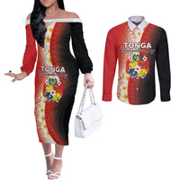 Personalised Tonga Emancipation Day Couples Matching Off The Shoulder Long Sleeve Dress and Long Sleeve Button Shirt Tongan Ngatu Pattern With Plumeria