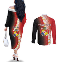 Personalised Tonga Emancipation Day Couples Matching Off The Shoulder Long Sleeve Dress and Long Sleeve Button Shirt Tongan Ngatu Pattern With Plumeria