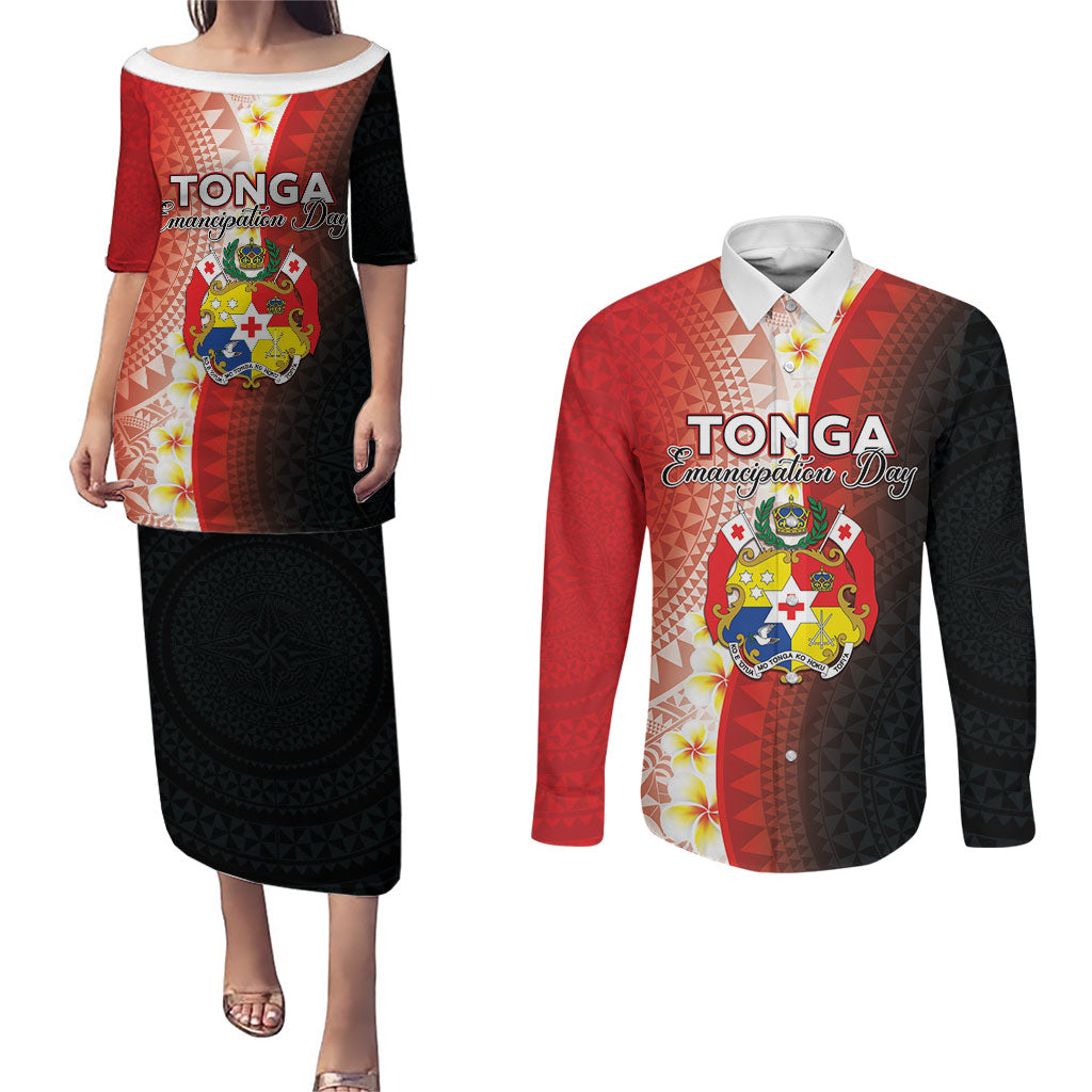 Personalised Tonga Emancipation Day Couples Matching Puletasi and Long Sleeve Button Shirt Tongan Ngatu Pattern With Plumeria