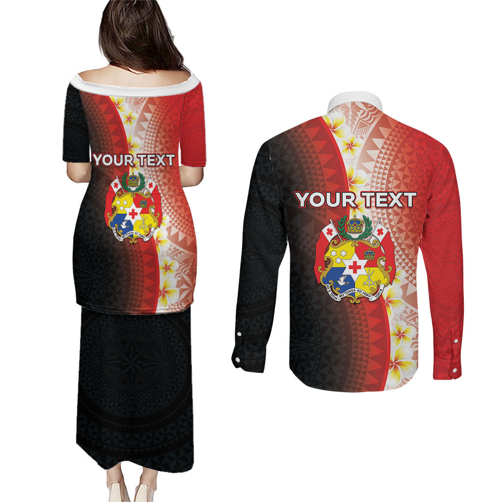 Personalised Tonga Emancipation Day Couples Matching Puletasi and Long Sleeve Button Shirt Tongan Ngatu Pattern With Plumeria