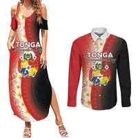Personalised Tonga Emancipation Day Couples Matching Summer Maxi Dress and Long Sleeve Button Shirt Tongan Ngatu Pattern With Plumeria LT05 Red - Polynesian Pride