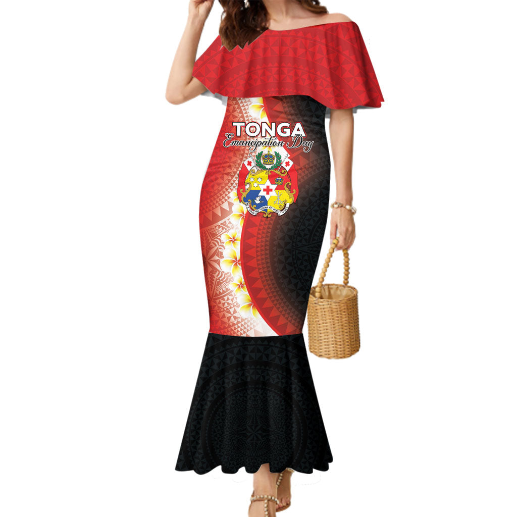 Personalised Tonga Emancipation Day Family Matching Mermaid Dress and Hawaiian Shirt Tongan Ngatu Pattern With Plumeria