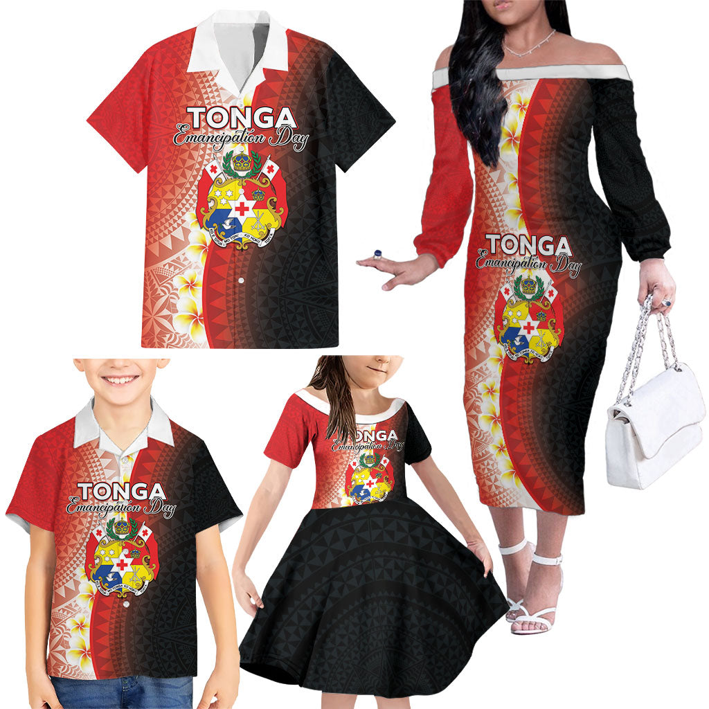 Personalised Tonga Emancipation Day Family Matching Off The Shoulder Long Sleeve Dress and Hawaiian Shirt Tongan Ngatu Pattern With Plumeria