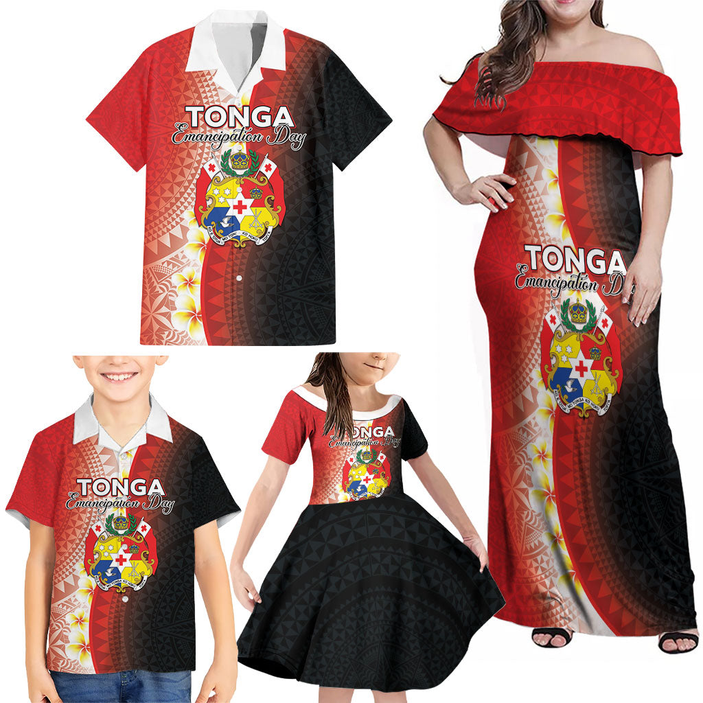 Personalised Tonga Emancipation Day Family Matching Off Shoulder Maxi Dress and Hawaiian Shirt Tongan Ngatu Pattern With Plumeria