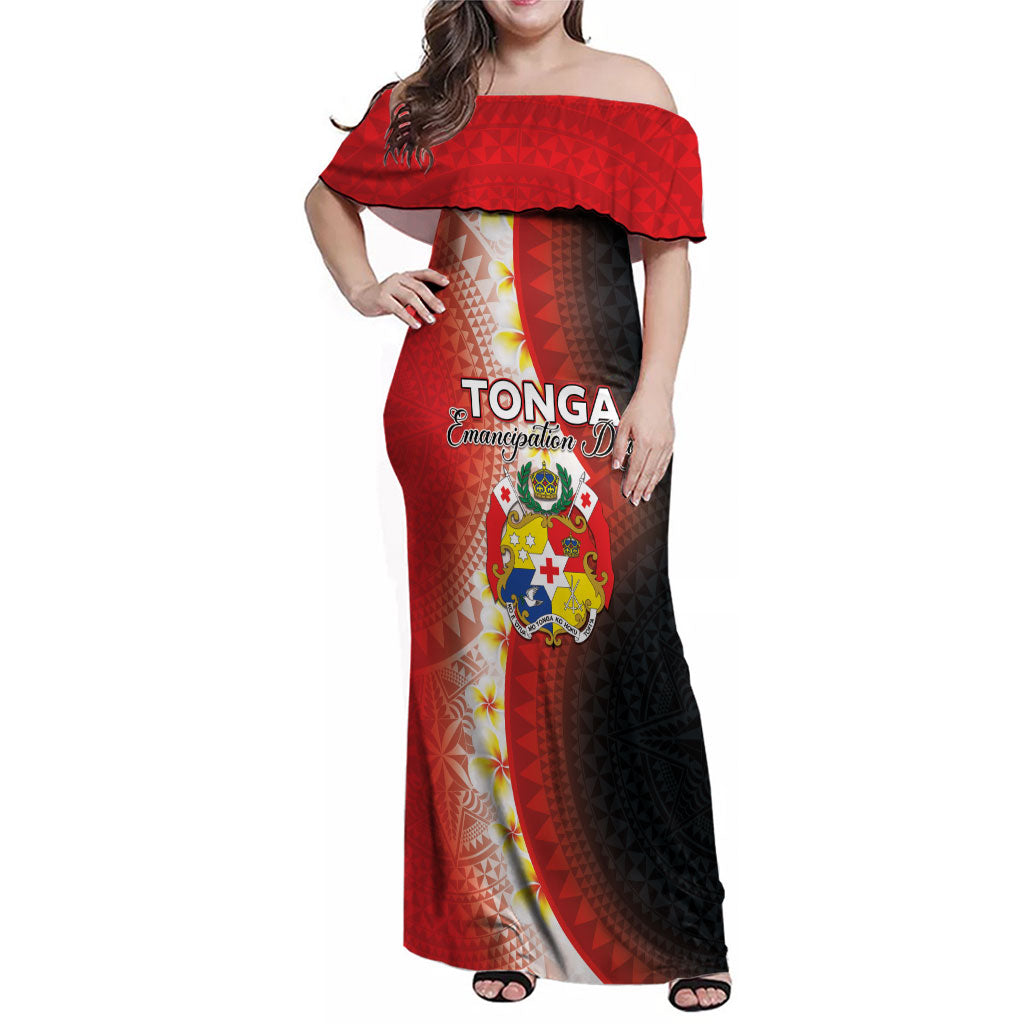 Personalised Tonga Emancipation Day Family Matching Off Shoulder Maxi Dress and Hawaiian Shirt Tongan Ngatu Pattern With Plumeria