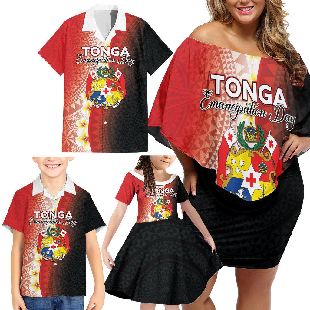 Personalised Tonga Emancipation Day Family Matching Off Shoulder Short Dress and Hawaiian Shirt Tongan Ngatu Pattern With Plumeria
