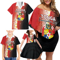 Personalised Tonga Emancipation Day Family Matching Off Shoulder Short Dress and Hawaiian Shirt Tongan Ngatu Pattern With Plumeria