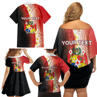 Personalised Tonga Emancipation Day Family Matching Off Shoulder Short Dress and Hawaiian Shirt Tongan Ngatu Pattern With Plumeria