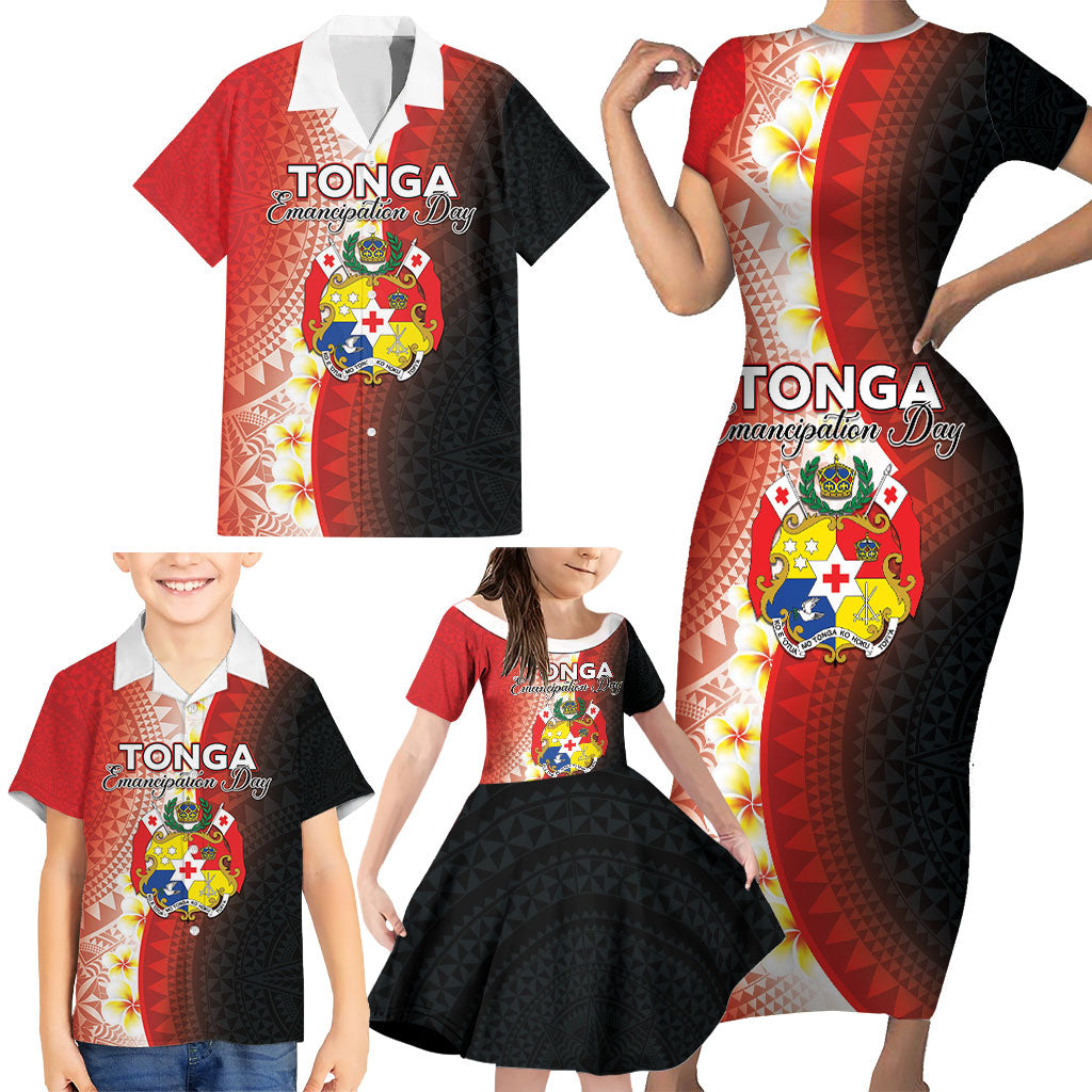 Personalised Tonga Emancipation Day Family Matching Short Sleeve Bodycon Dress and Hawaiian Shirt Tongan Ngatu Pattern With Plumeria LT05 - Polynesian Pride