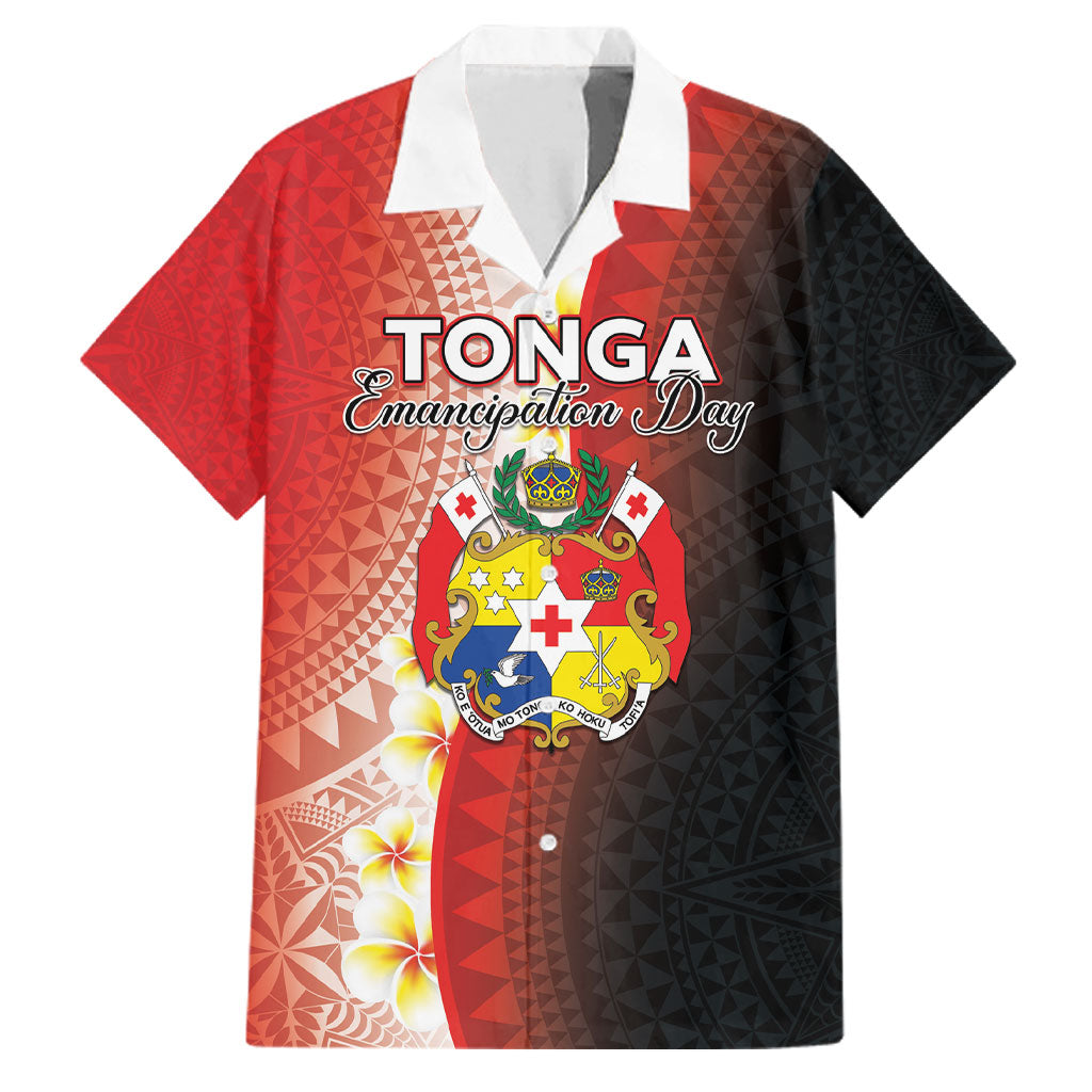 Personalised Tonga Emancipation Day Family Matching Short Sleeve Bodycon Dress and Hawaiian Shirt Tongan Ngatu Pattern With Plumeria LT05 Dad's Shirt - Short Sleeve Red - Polynesian Pride