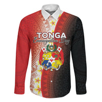 Personalised Tonga Emancipation Day Family Matching Short Sleeve Bodycon Dress and Hawaiian Shirt Tongan Ngatu Pattern With Plumeria LT05 Dad's Shirt - Long Sleeve Red - Polynesian Pride