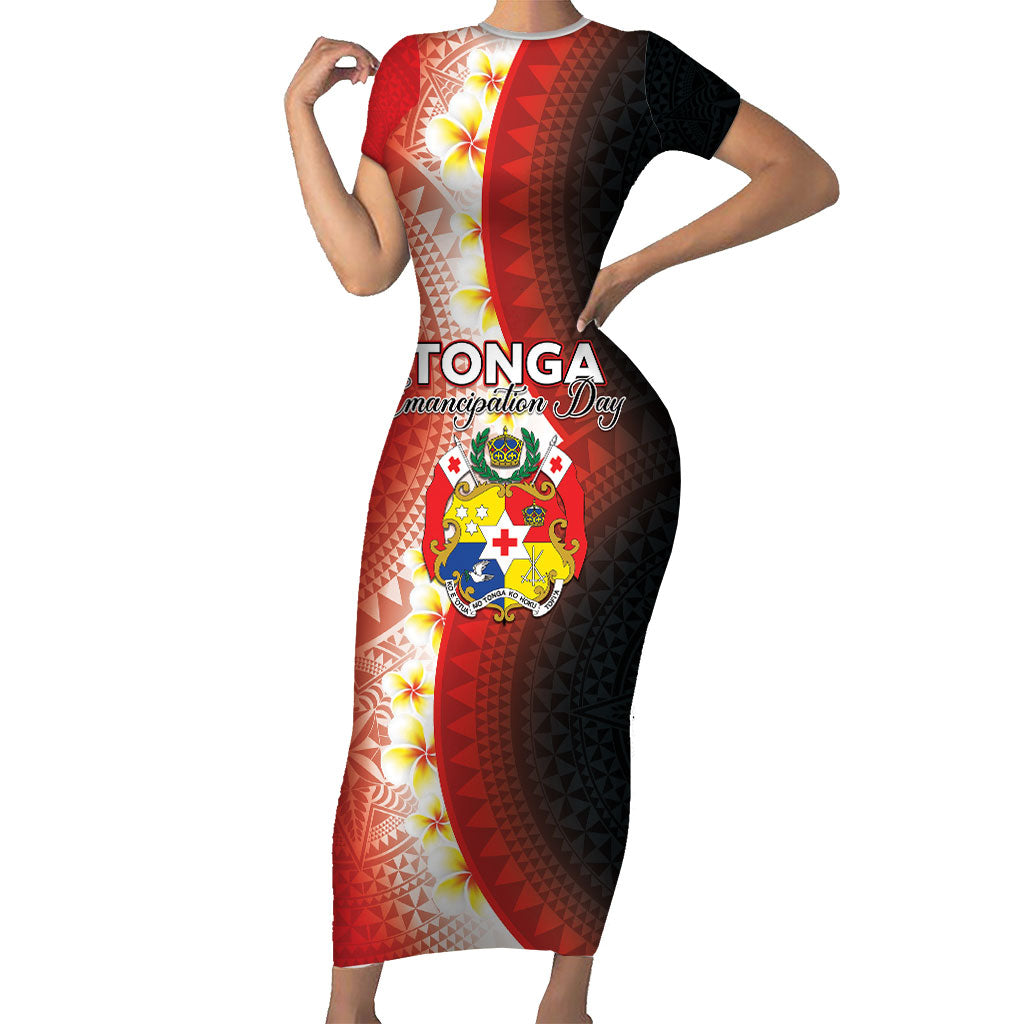 Personalised Tonga Emancipation Day Family Matching Short Sleeve Bodycon Dress and Hawaiian Shirt Tongan Ngatu Pattern With Plumeria LT05 Mom's Dress Red - Polynesian Pride