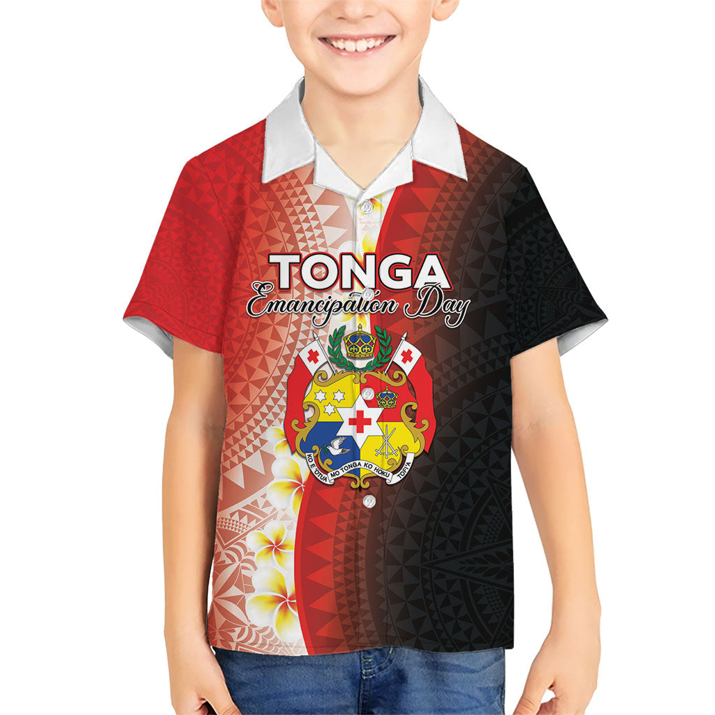 Personalised Tonga Emancipation Day Family Matching Short Sleeve Bodycon Dress and Hawaiian Shirt Tongan Ngatu Pattern With Plumeria LT05 Son's Shirt Red - Polynesian Pride