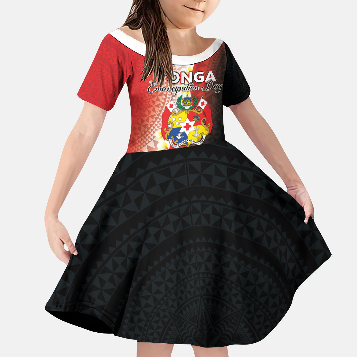 Personalised Tonga Emancipation Day Kid Short Sleeve Dress Tongan Ngatu Pattern With Plumeria LT05 KID Red - Polynesian Pride