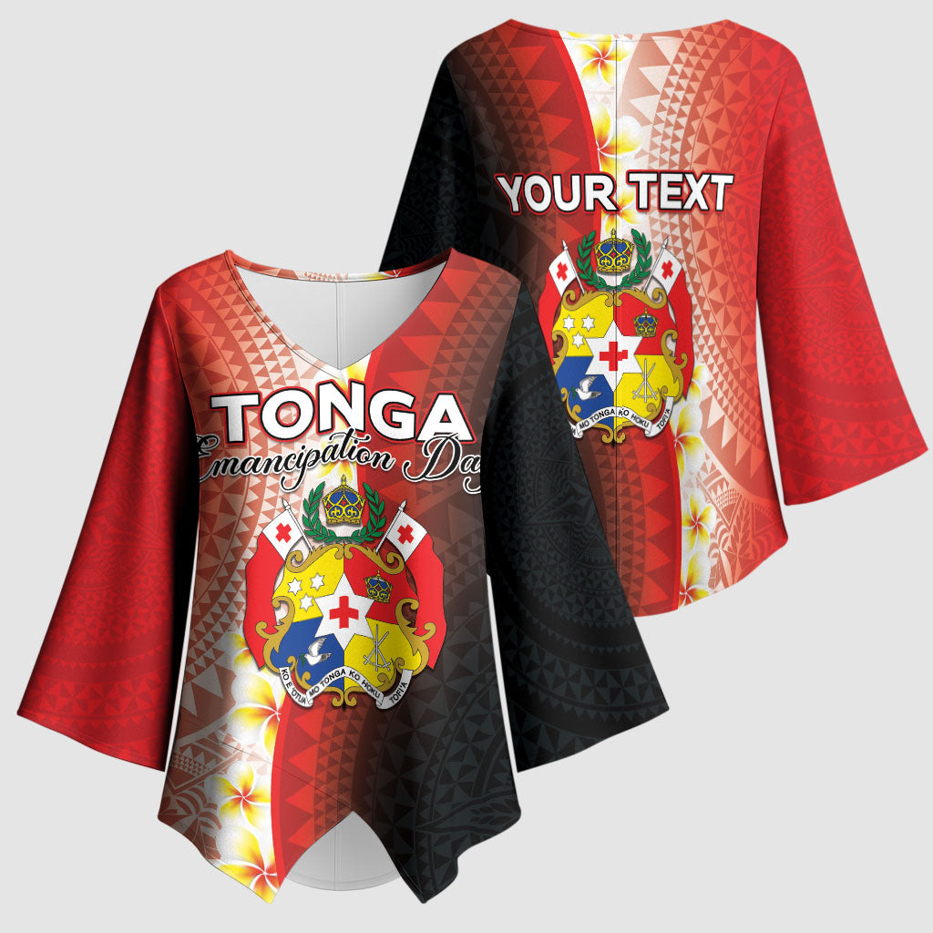 Personalised Tonga Emancipation Day Kimono Sleeve Blouse Tongan Ngatu Pattern With Plumeria