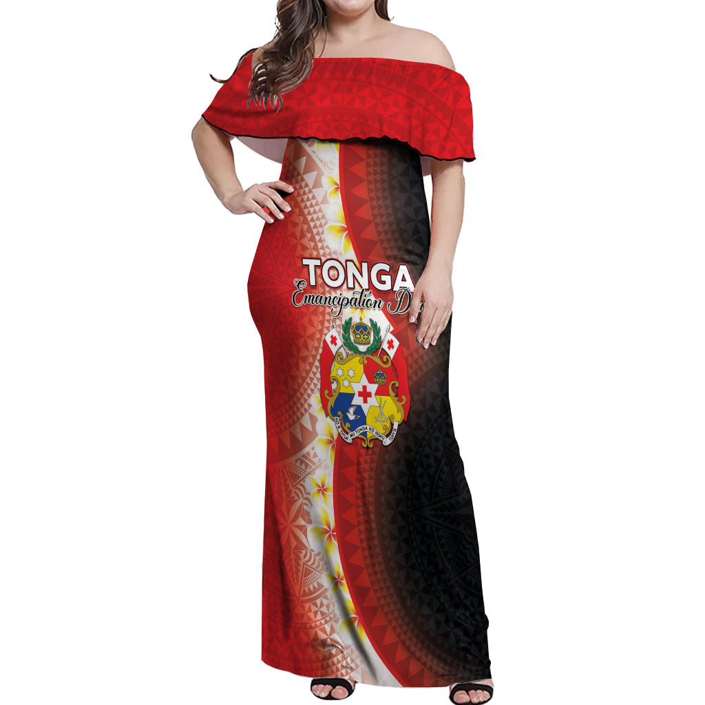 Personalised Tonga Emancipation Day Off Shoulder Maxi Dress Tongan Ngatu Pattern With Plumeria LT05 Women Red - Polynesian Pride