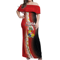 Personalised Tonga Emancipation Day Off Shoulder Maxi Dress Tongan Ngatu Pattern With Plumeria LT05 Women Red - Polynesian Pride