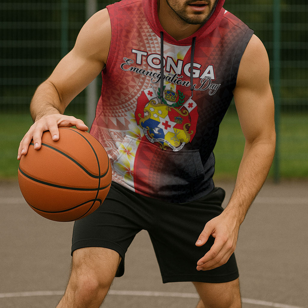 Personalised Tonga Emancipation Day Sleeveless Hoodie Tongan Ngatu Pattern With Plumeria