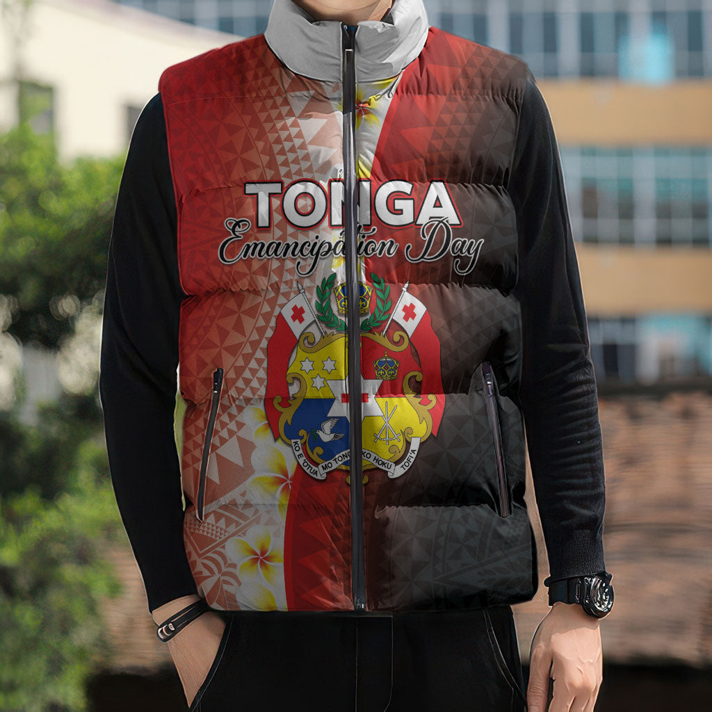 Personalised Tonga Emancipation Day Sleeveless Puffer Jacket Tongan Ngatu Pattern With Plumeria