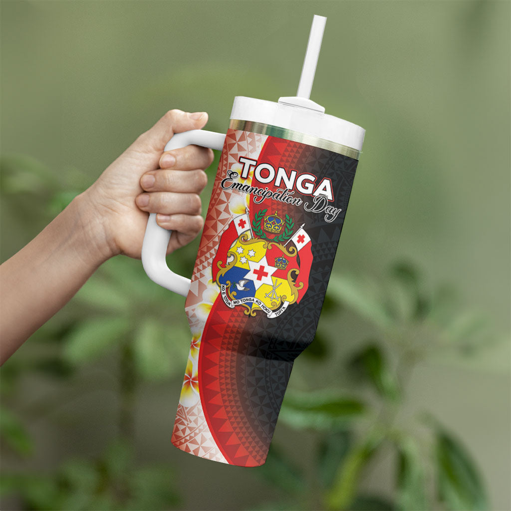 Personalised Tonga Emancipation Day Tumbler With Handle Tongan Ngatu Pattern With Plumeria