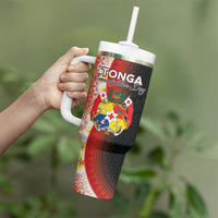 Personalised Tonga Emancipation Day Tumbler With Handle Tongan Ngatu Pattern With Plumeria