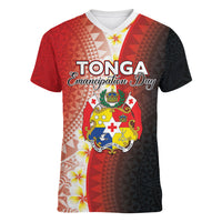 Personalised Tonga Emancipation Day Women V-Neck T-Shirt Tongan Ngatu Pattern With Plumeria