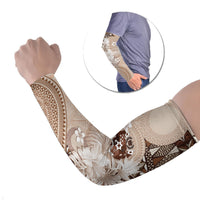 Tonga Ngatu Motifs Arm Sleeves With Coat Of Arms Beige LT05 Set of 2 Beige - Polynesian Pride