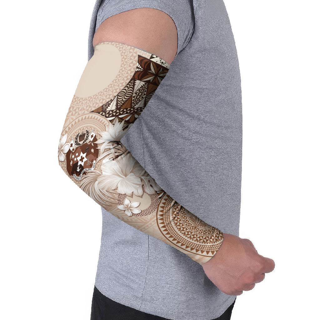 Tonga Ngatu Motifs Arm Sleeves With Coat Of Arms Beige LT05 - Polynesian Pride